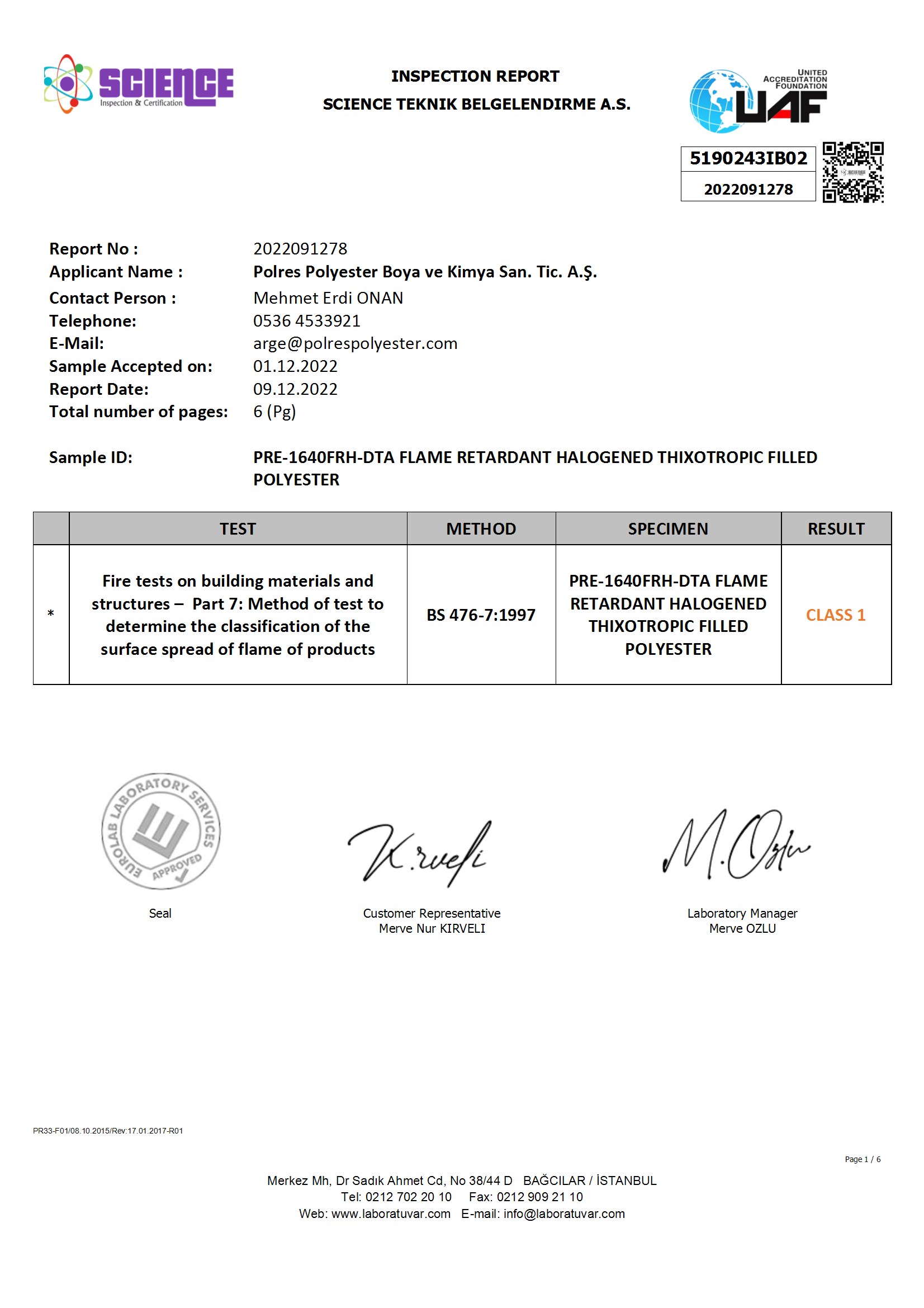 UL-94 V0 Flammability Certificate